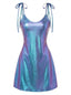 Robe courte fines bretelles cuir verni bleu années 1970