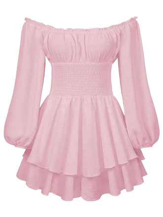 Robe courte unie épaules nues manches longues froncées 1950s