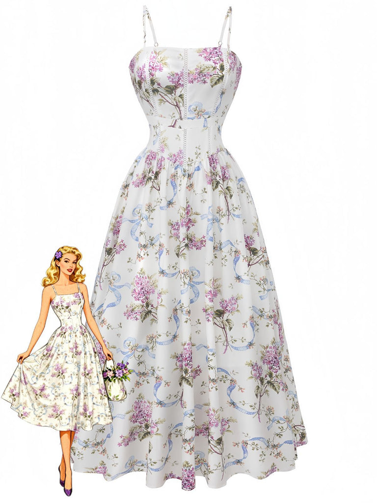 Une robe midi blanche de coupe trapèze ornée d'un imprimé romantique de fleurs violettes et de rubans bleus, dotée de fines bretelles et d'une taille cintrée, présentée avec une illustration de mode rétro.