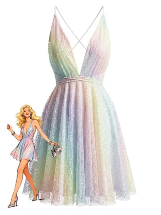 Une mini-robe à sequins pastel arc-en-ciel scintillants, dotée d'un décolleté en V profond et d'une jupe évasée, présentée aux côtés d'une illustration de mode de style rétro.