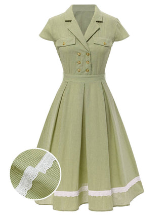 [Prévente] Robe en coton à carreaux vichy et dentelle verte des années 1940