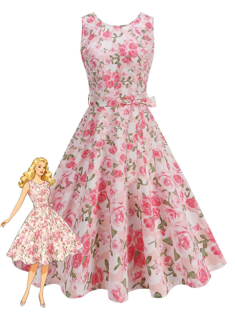Une robe trapèze sans manches de style vintage, ornée d'un imprimé floral romantique de roses roses sur fond blanc, avec une ceinture assortie.