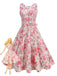 Une robe trapèze sans manches de style vintage, ornée d'un imprimé floral romantique de roses roses sur fond blanc, avec une ceinture assortie.