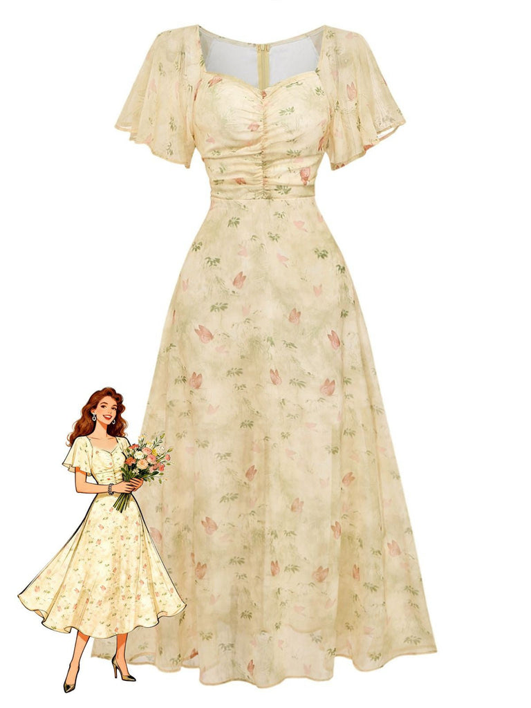 Élégante robe vintage jaune en mousseline des années 1930, ornée d'un délicat imprimé papillon et de manches papillon, parfaite pour les garden-parties et les occasions estivales.