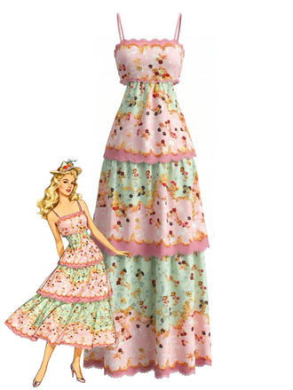 Robe longue fleurs volants rose foncé années 30