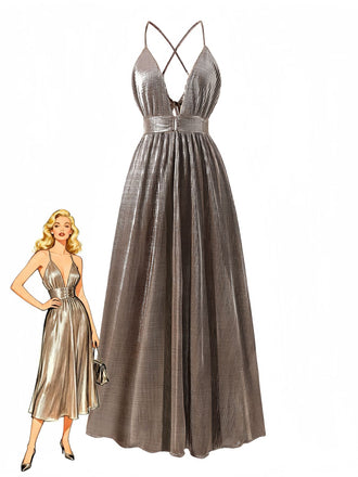 Robe longue glamour marron métallisée au design vintage des années 1930, avec un décolleté en V profond et des détails ajourés élégants, parfaite pour les événements sur le thème du Grand Gatsby et les soirées élégantes.
