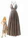 Robe longue glamour marron métallisée au design vintage des années 1930, avec un décolleté en V profond et des détails ajourés élégants, parfaite pour les événements sur le thème du Grand Gatsby et les soirées élégantes.