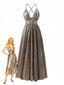 Robe longue marron décolleté plongeant et découpes métallisées années 1930