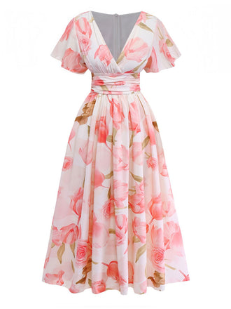 Robe longue rose à imprimé floral col en V et manches bouffantes années 1950