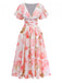 Robe longue rose à imprimé floral col en V et manches bouffantes années 1950