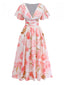 Robe longue rose à imprimé floral col en V et manches bouffantes années 1950