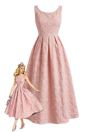 Robe longue sans manches rose à imprimé floral jacquard, style années 1930 - robe vintage, mode rétro, rockabilly