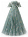 Robe longue tulle vert brodé fleurs épaules dénudées années 1930