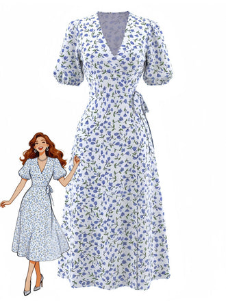 Robe midi fendue manches bouffantes col V et floral bleu années 50