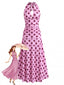 Robe midi rose pêche à pois col V halter années 30