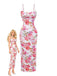 Robe longue moulante bretelles floral rose 1980s
