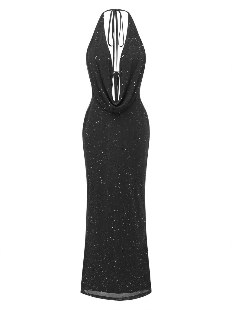Robe maxi fendue licou pailletée dos nu col cowl 1980s