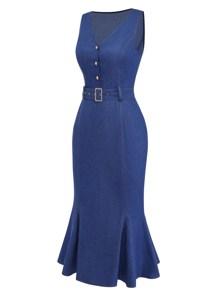 Robe sirène sans manches en denim bleu des années 1930
