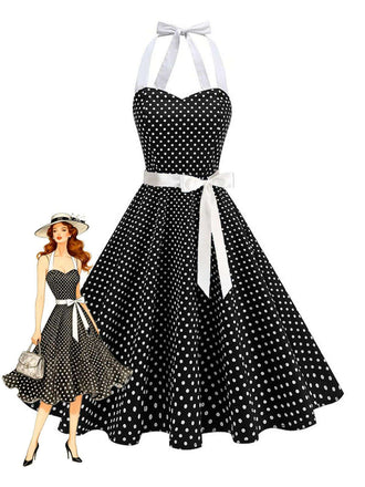 Robe swing ceinturée col halter à pois
