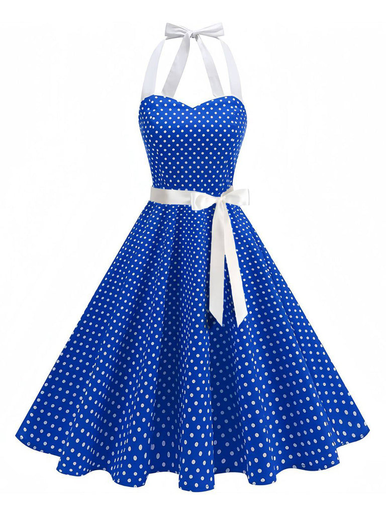Robe swing ceinturée col halter à pois