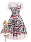 Robe swing motifs roses et feuilles vertes années 1950