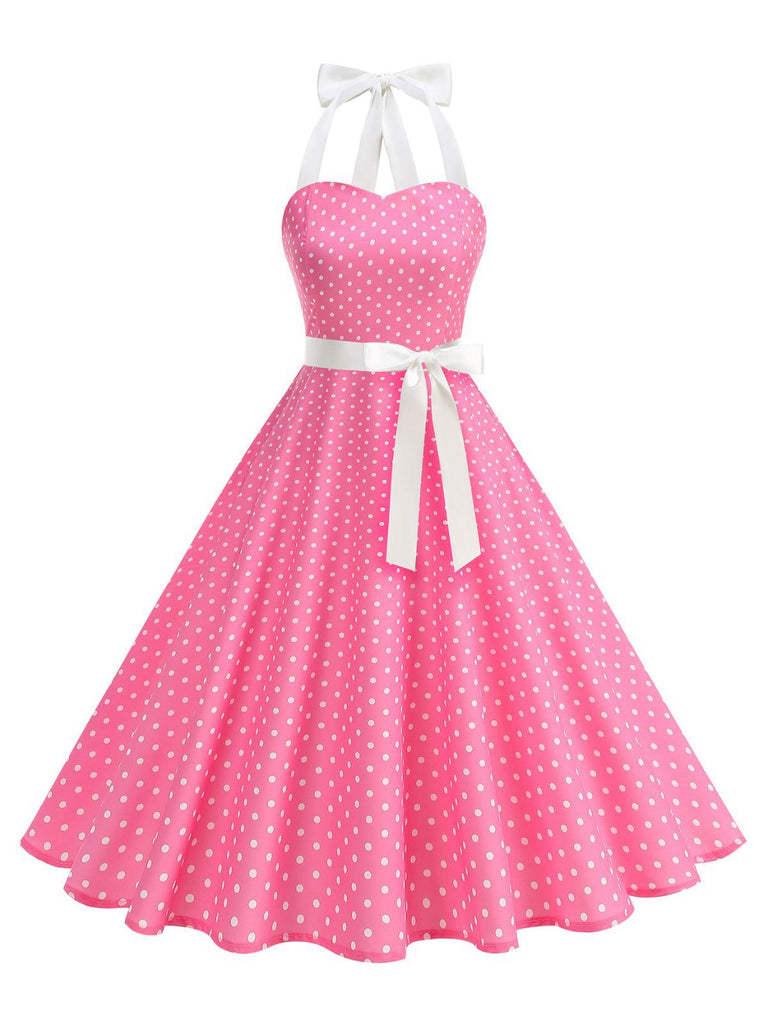 Robe swing ceinturée col halter à pois