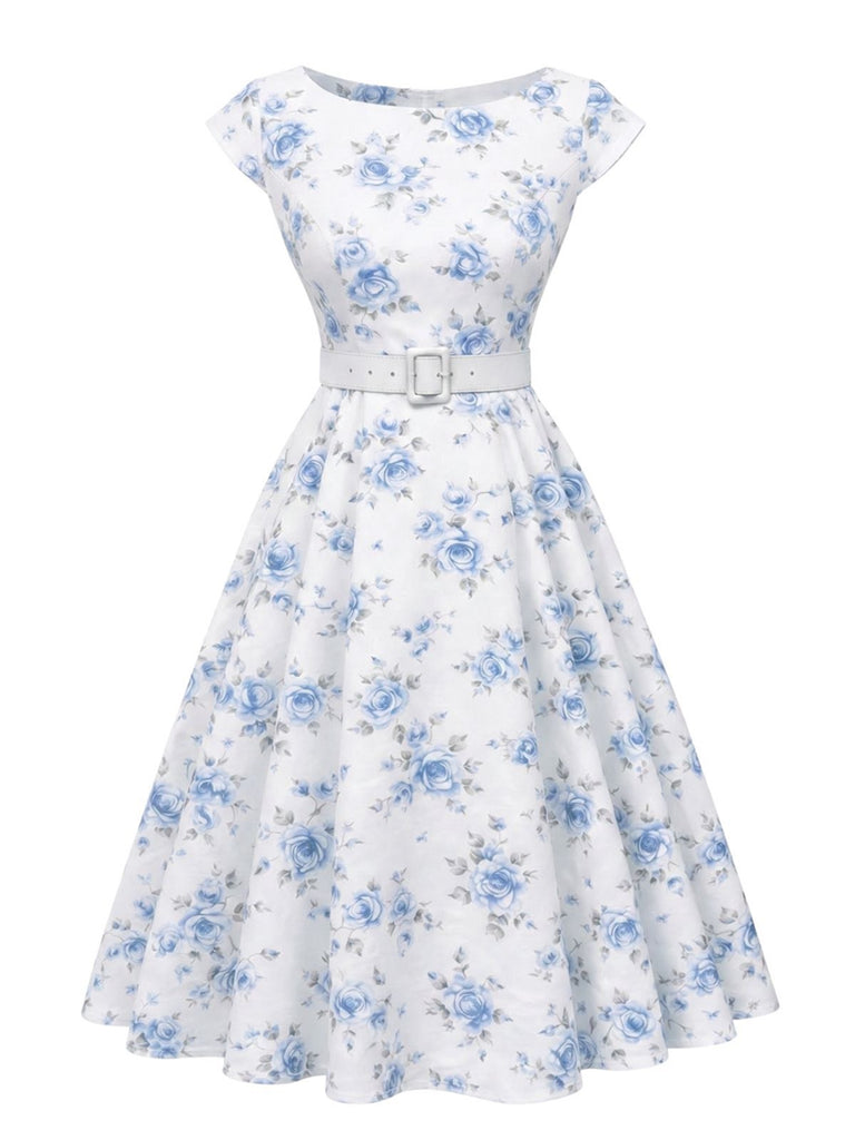 [Prévente] Robe Blanche Imprimé Roses Ceinturée années 1950