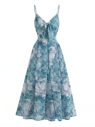 Robe à Bretelles Bohème Col en V Floral Aquarelle Bleu années 30