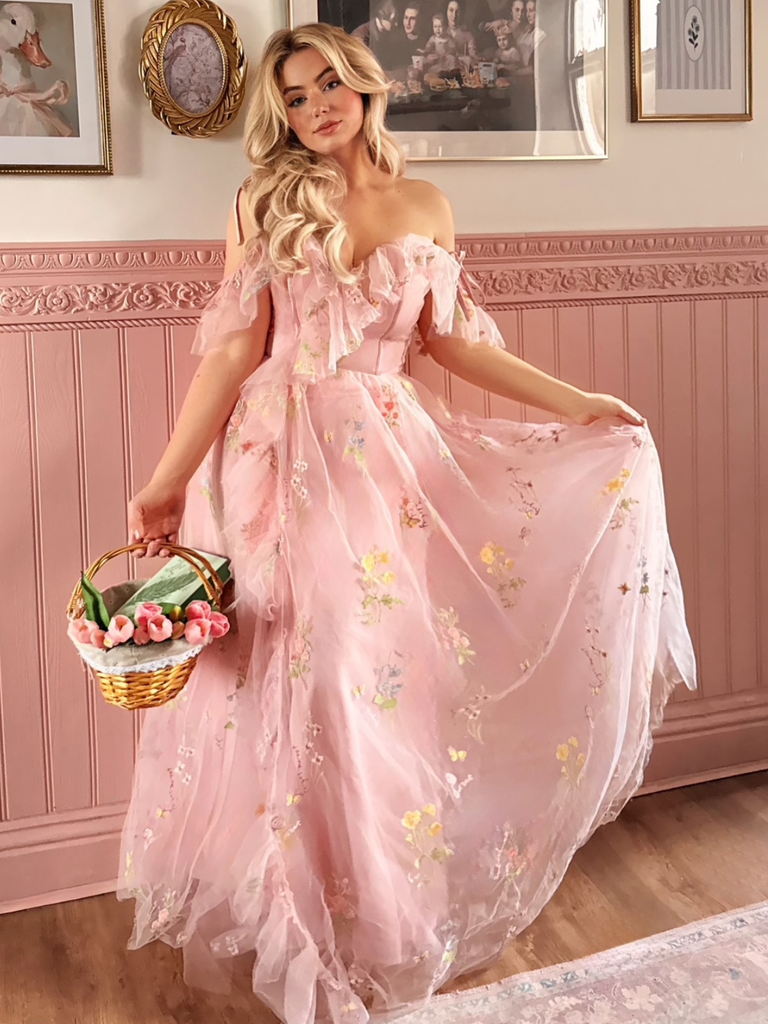 [Prévente] Robe fendue tulle fleurs rose 1970s