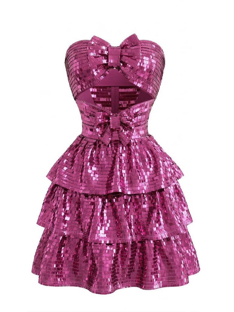 Mini Robe Bustier à Sequins Rose Rouge Années 1960