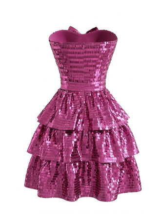 Mini Robe Bustier à Sequins Rose Rouge Années 1960