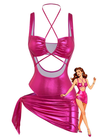 Métallique Cut-Out Maillot de Bain Rose rouge Années 1970