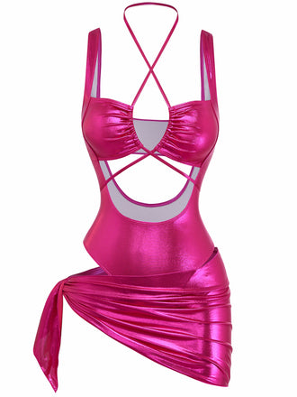 Métallique Cut-Out Maillot de Bain Rose rouge Années 1970 2