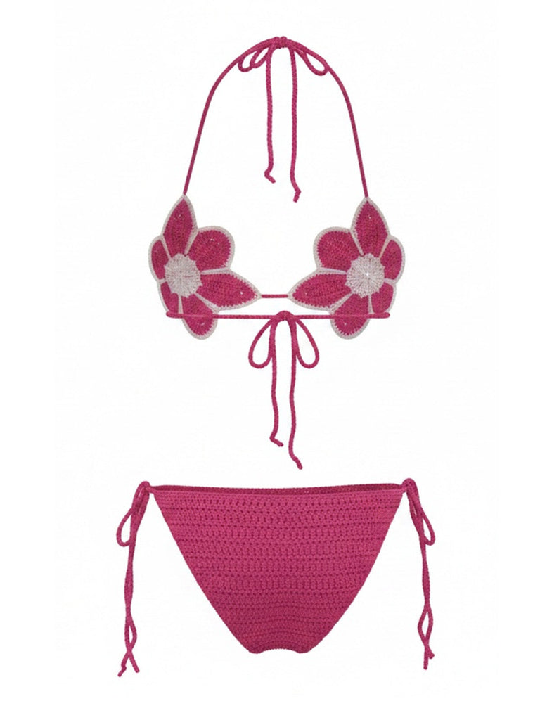 Ensemble Bikini Crochet Floral Fait Main Rouge Rose Années 80