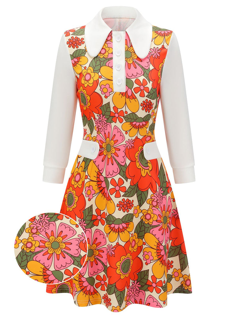 Robe patchwork de fleurs à revers orange des années 1960