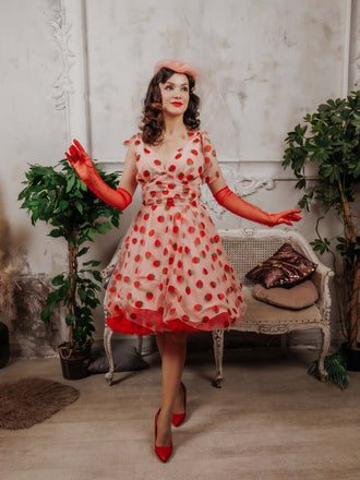 Robe trapèze rose fraise années 1950 en maille chic