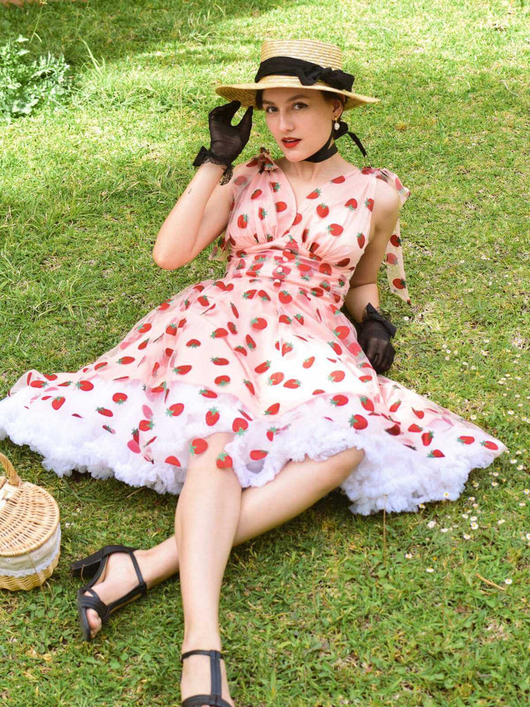 Robe trapèze rose fraise années 1950 en maille Chic