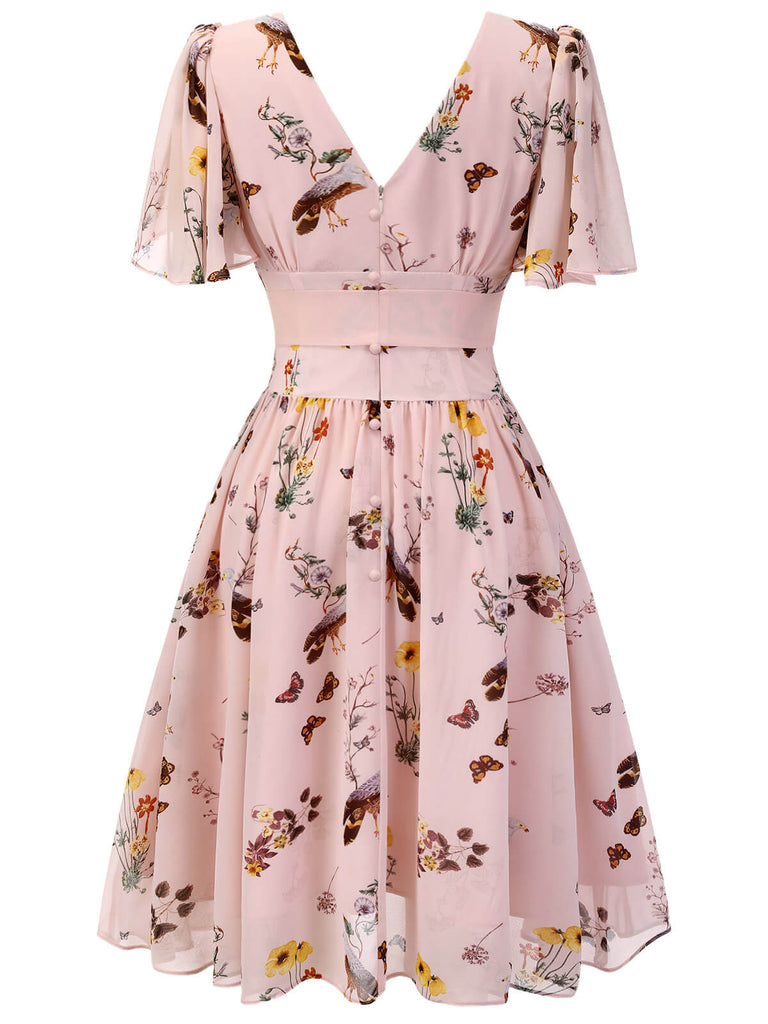 Robe rose à col en V et nœud papillon à fleurs et oiseaux