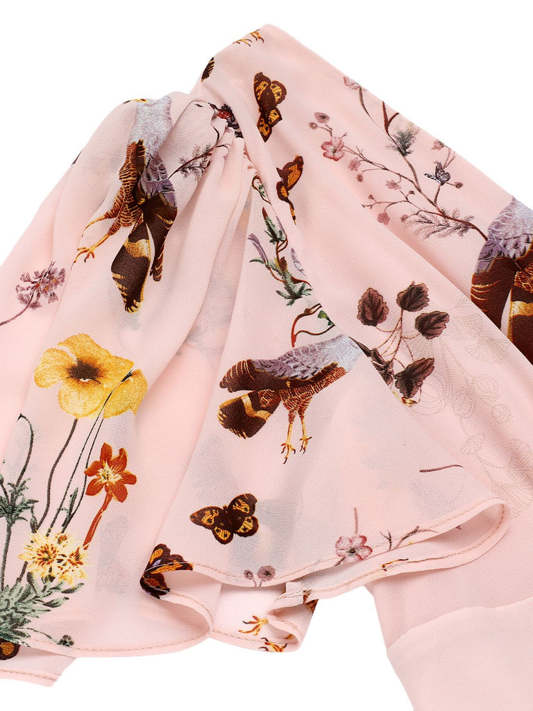 Robe rose à col en V et nœud papillon à fleurs et oiseaux