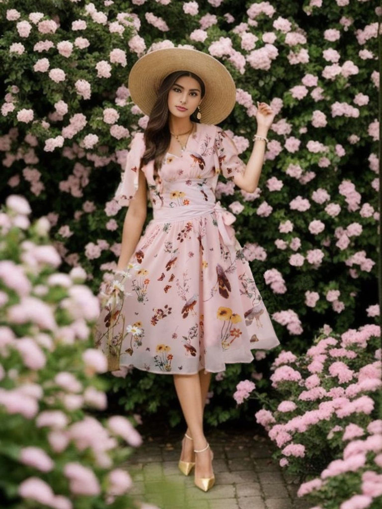 Robe rose à col en V et nœud papillon à fleurs et oiseaux