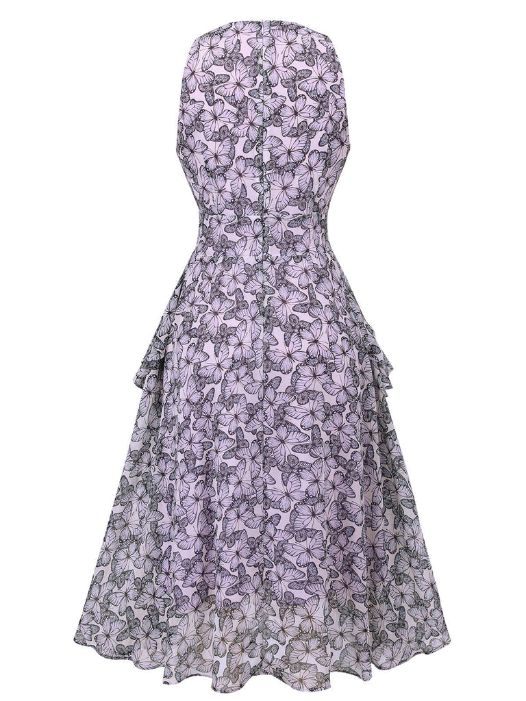 Robe sans manches papillon violette années 1930 à col en V