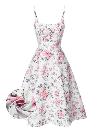 [Prévente] Robe à bretelles blanches et roses fleurie des années 1950