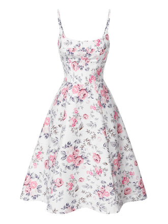 [Prévente] Robe à bretelles blanches et roses fleurie des années 1950
