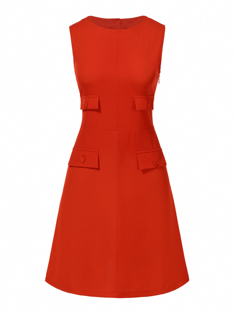 [Prévente] Robe trapèze rouge unie avec rabats de poches années 1960