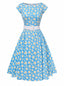 [Prévente] Robe bleue encolure bateau motif cheval bascule années 1950
