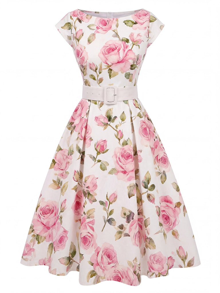 [Prévente] Robe rose à fleurs antique col bateau ceinturée années 1950