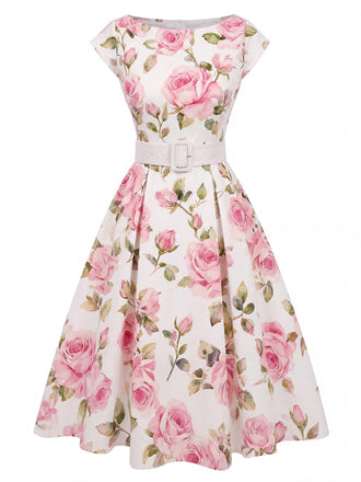[Prévente] Robe rose à fleurs antique col bateau ceinturée années 1950