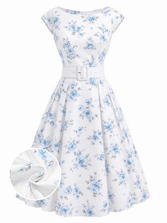 Robe Blanche Imprimé Roses Ceinturée années 1950