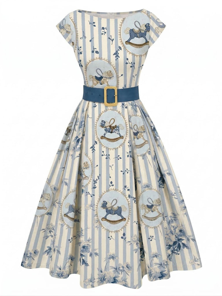 [Prévente] Robe rose à fleurs antique col bateau ceinturée années 1950