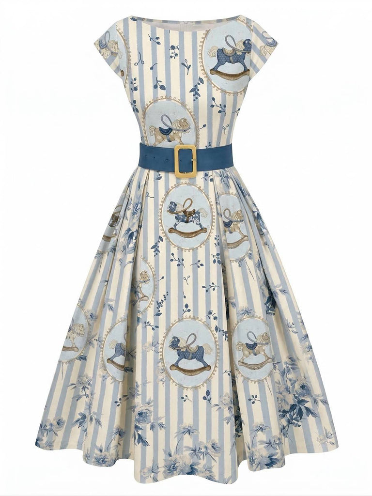 [Prévente] Robe bleu cheval col bateau ceinturée années 1950